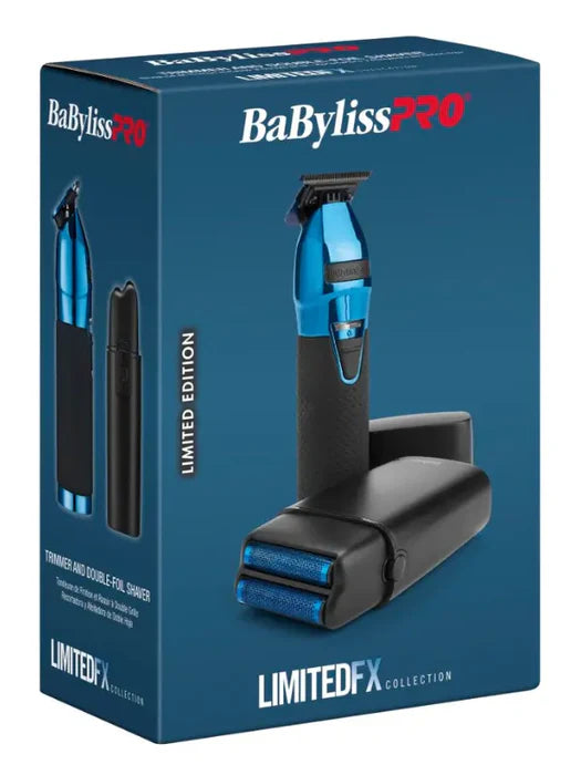 BabylissPro BlueFX+ Skeleton Metal Trimmer + Double Foil Shaver Black and Blue Limited Edition