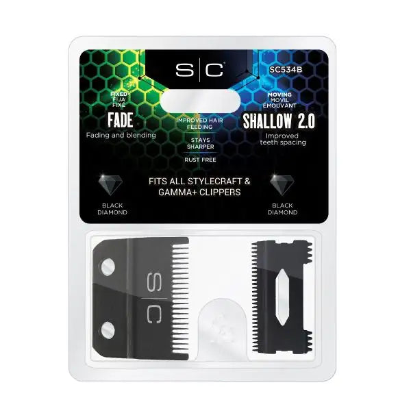 Stylecraft Replacement Double Black Diamond Carbon DLC Fixed Fade Blade with Shallow Tooth Cutter 2.0 Clipper Blade Set