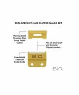 Stylecraft Fixed Gold Titanium Fade Hair Clipper Blade with Moving Gold Titanium Slim Deep Tooth Cutter Set