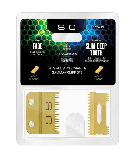 Stylecraft Fixed Gold Titanium Fade Hair Clipper Blade with Moving Gold Titanium Slim Deep Tooth Cutter Set